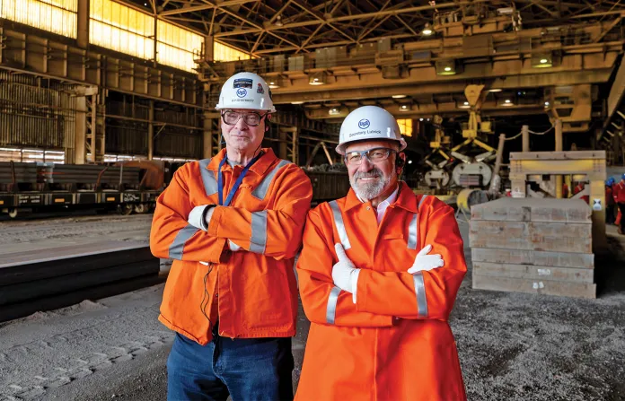 U.S. Steel President and CEO David B. Burritt, left, with Commerce Secretary Howard Lutnick at the company’s Edgar Thomson Plant in Braddock, Pennsylvania, June 8, 2026. (Justin Merriman / for The Washington Examiner)
