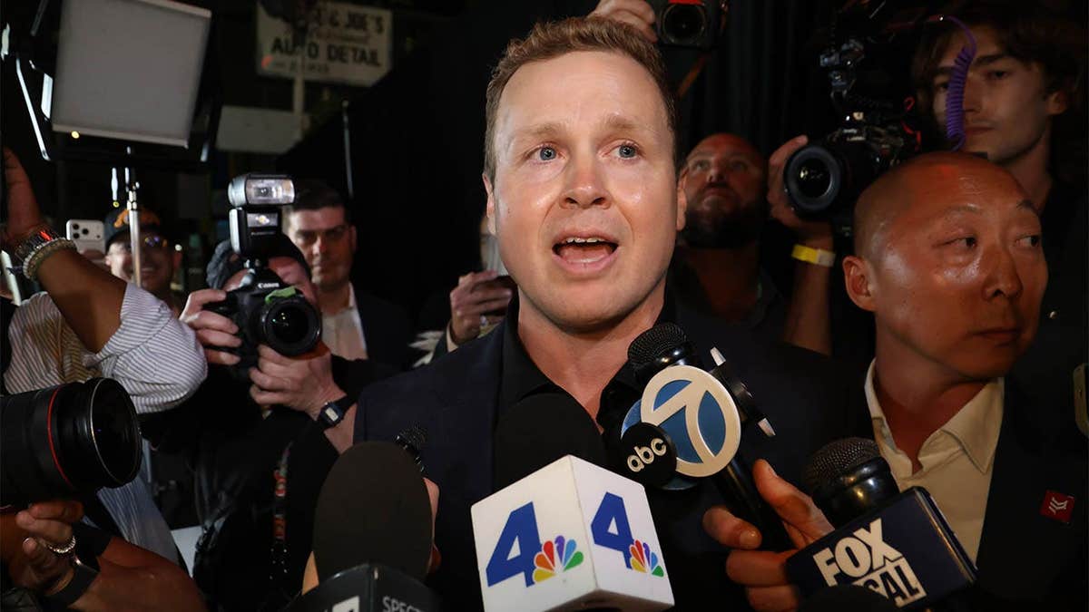 Los Angeles Mayoral candidate Spencer Pratt speaking with media outside Don Antonio's restaurant