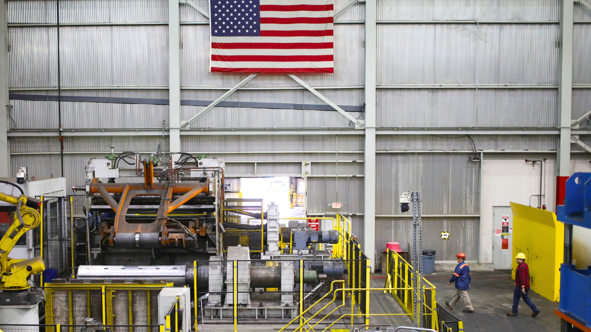 An American flag at the Arconic aluminum manufacturing facility in Alcoa, Tennessee on Wednesday, March 9, 2022.