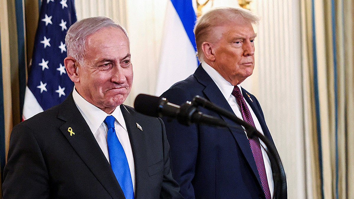 President Donald Trump and Israeli Prime Minister Benjamin Netanyahu speaking at a joint press conference in the White House State Dining Room