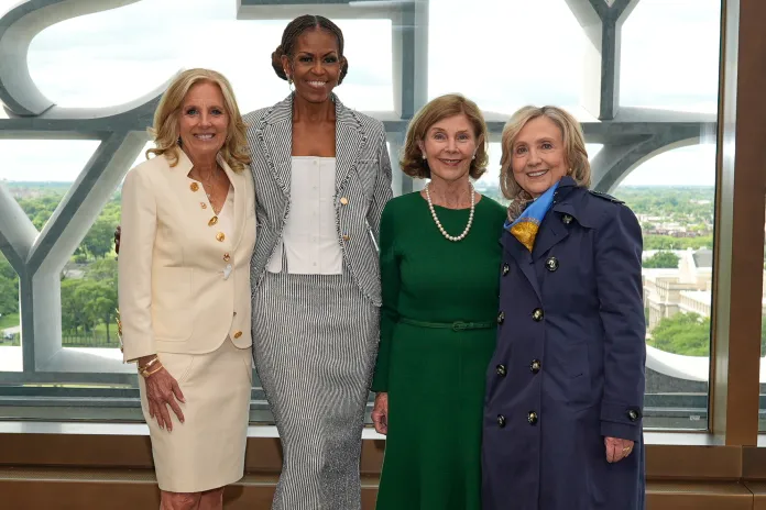 Former first ladies pose for a photo at the obama presidential center reopening