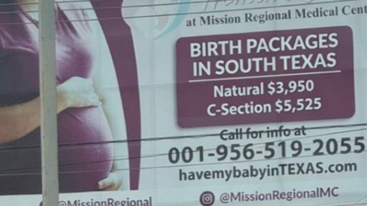 English-language billboard advertising maternity birth packages at Mission Regional Medical Center in South Texas, listing prices for natural delivery and C-section services.