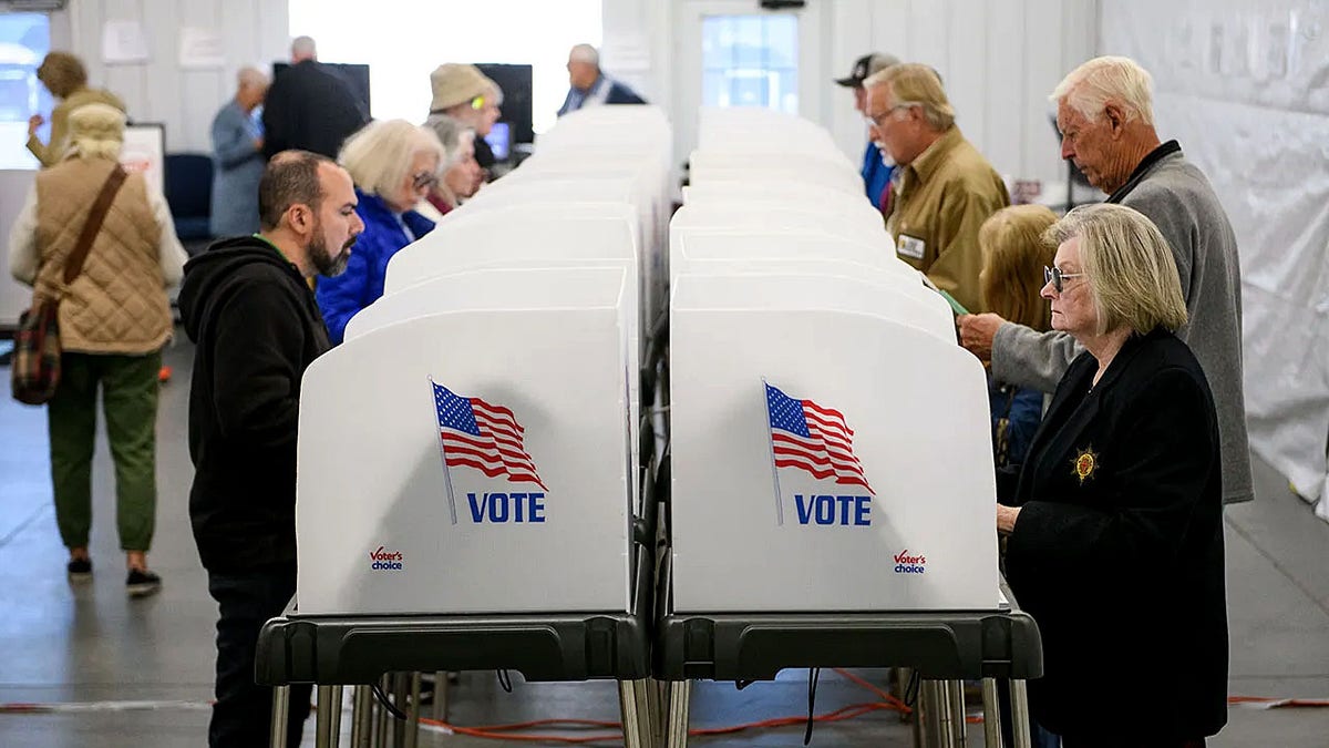 People vote at a row of paneled booths inside a polling location.x