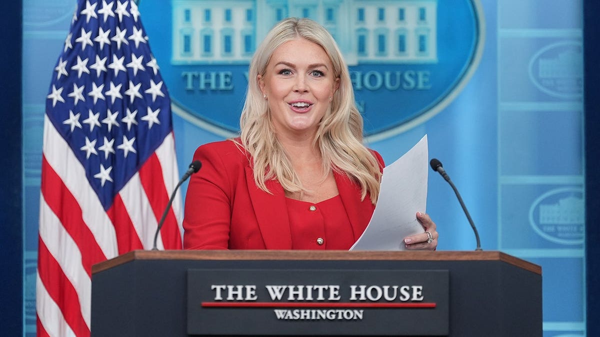 Karoline Leavitt speaks with reporters in the James Brady Press Briefing Room.