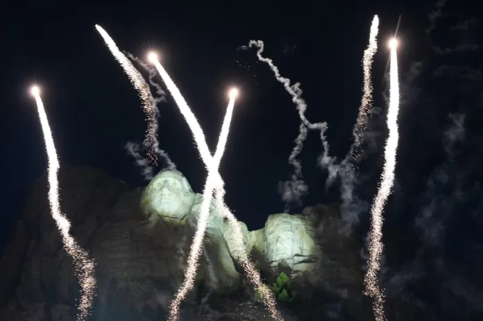 Fireworks explode after President Donald Trump spoke at Mount Rushmore National Memorial, Friday, July 3, 2026, near Keystone, S.D.