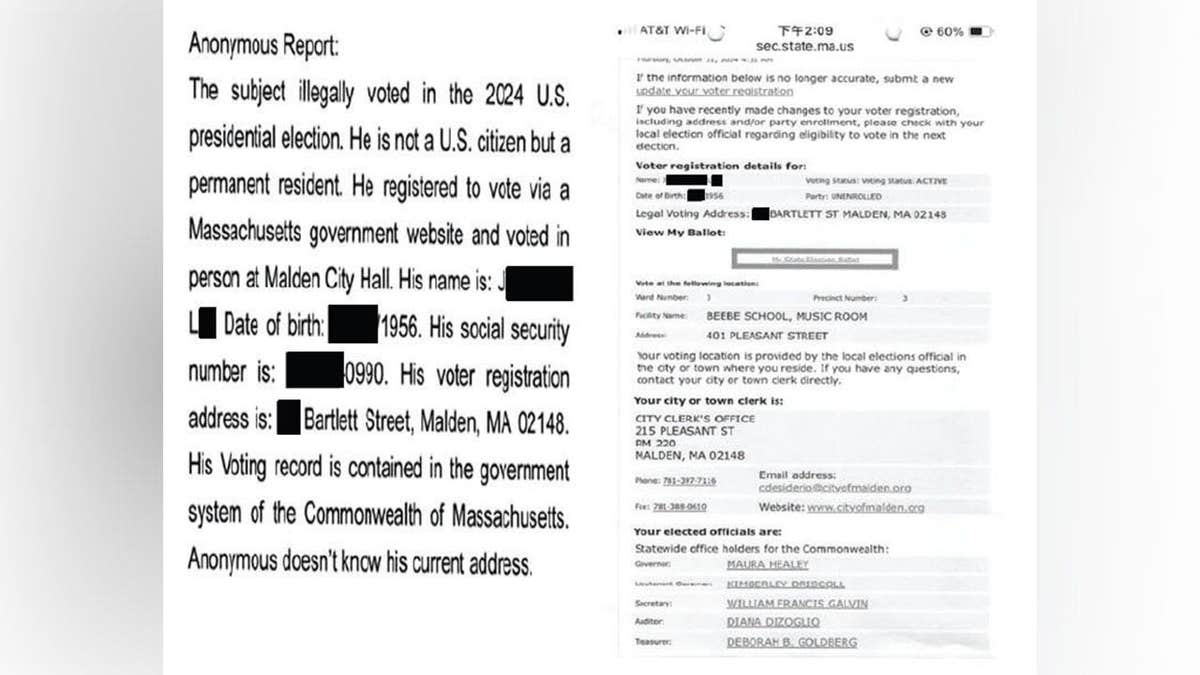 Anonymous voter fraud tip and Massachusetts voter registration record shown in federal court documents