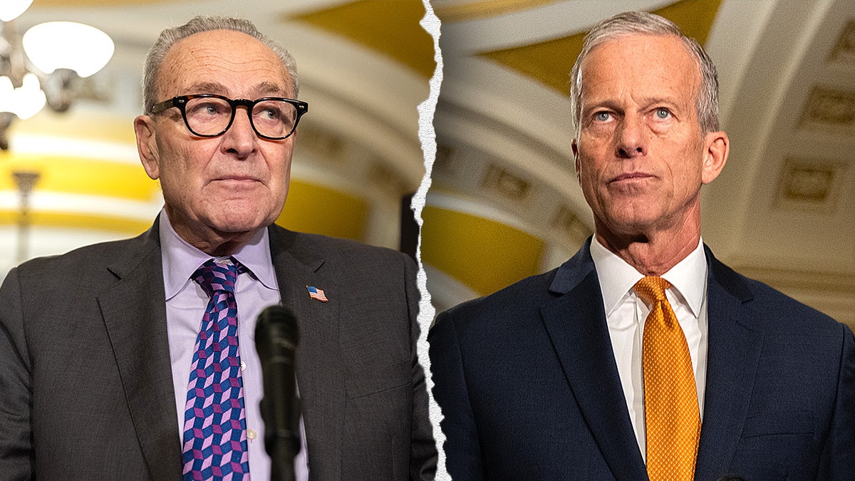 Split-screen image showing Senate Majority Leader John Thune on the right and Sen. Chuck Schumer on the left.