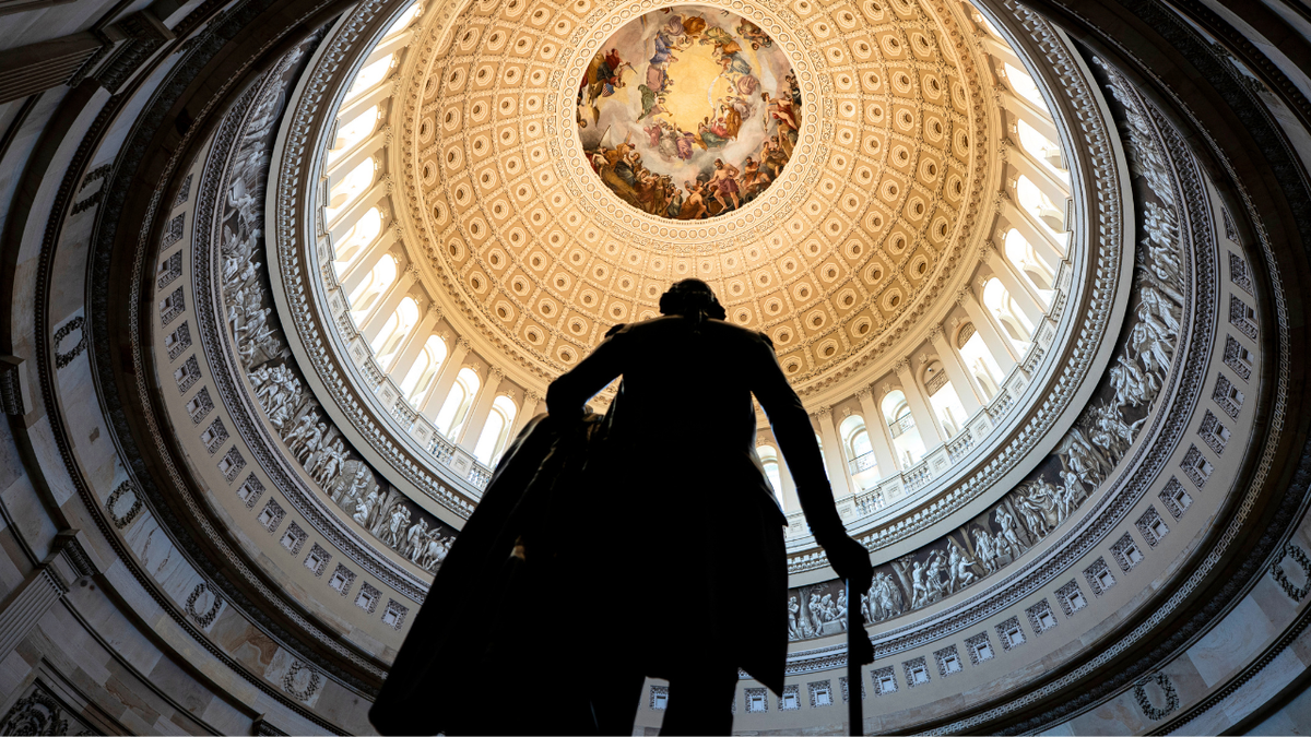 A sculpture of former U.S. President George Washington in the Rotunda of the U.S. Capitol on April 8, 2026.