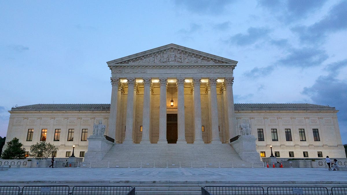 The U.S. Supreme Court building is seen at dusk on July 8, 2026 in Washington, DC.