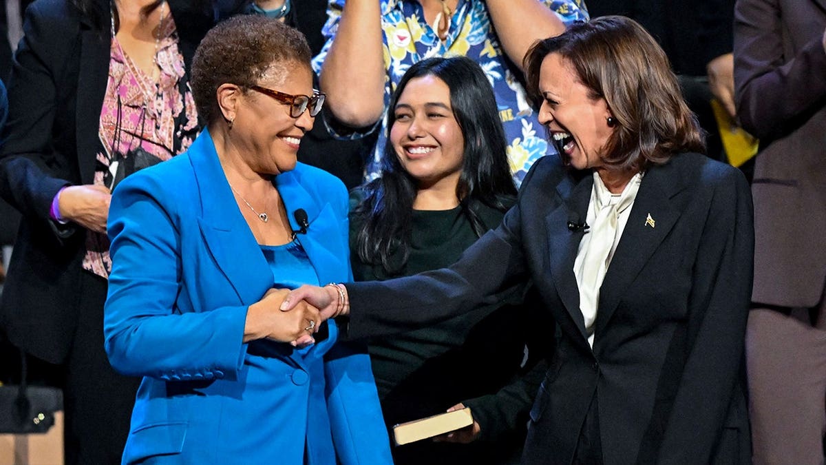 Vice President Kamala Harris congratulates Mayor Karen Bass at her inauguration in Los Angeles