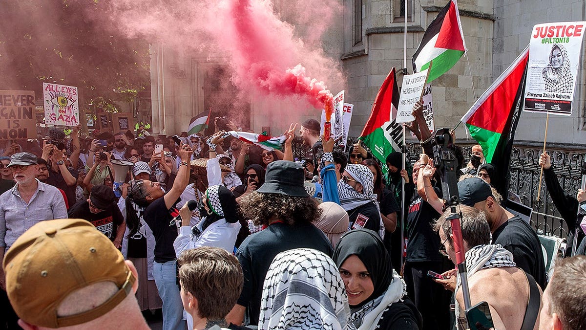 Pro-Gaza protestors rally outside of a courthouse