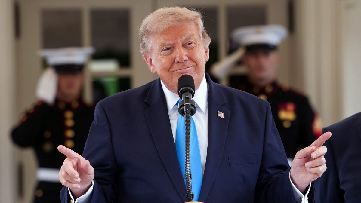 Donald Trump speaks at a podium on West Executive Avenue in Washington, D.C.
