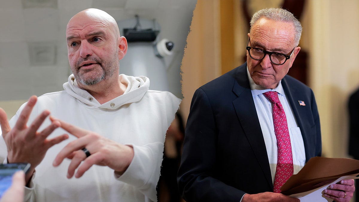 Senator John Fetterman, left, pictured alongside Senate Minority Leader Chuck Schumer, right