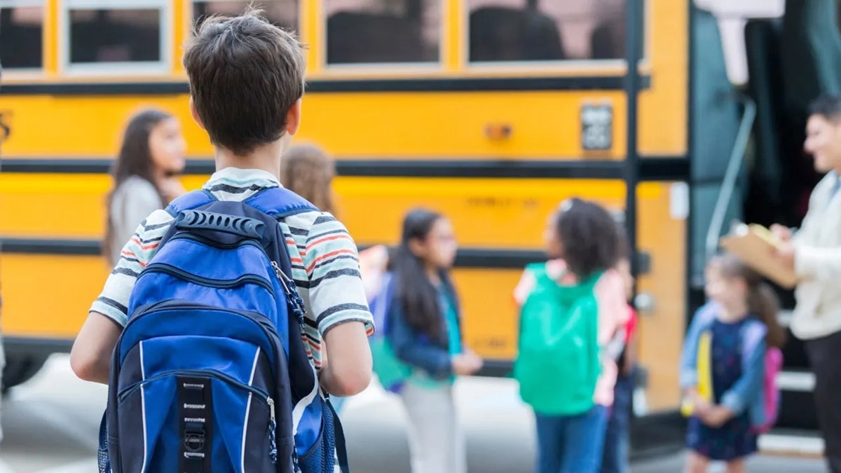 Boy getting on school bus