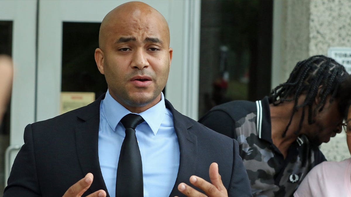 Kerwin Pittman talks with reporters about the case against brothers, La Dainian and Paden Fuller, during a press conference held outside the Gaston County Courthouse Thursday morning, August 3, 2023.
