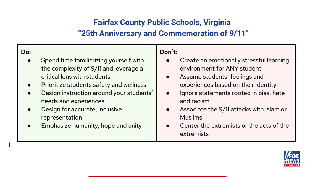 In northern Virginia, Fairfax County Public Schools distributes a guide for 9/11 lessons, with a list of