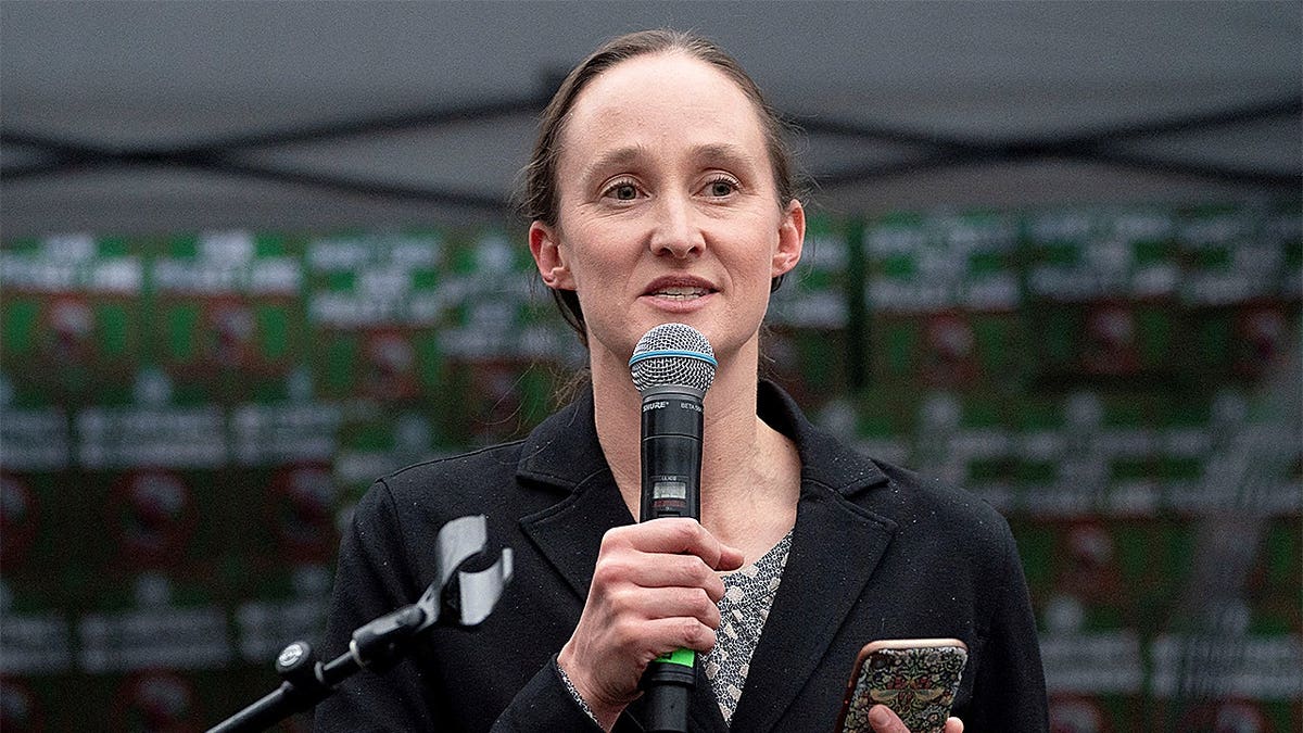 Seattle mayor-elect Katie Wilson speaking at a rally during Starbucks employee strike