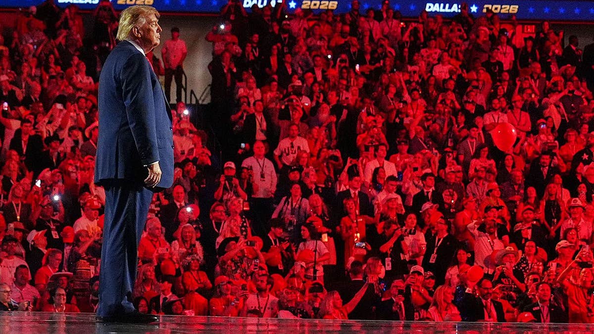 President Donald Trump stands on stage after speaking at the Republican convention in Dallas.