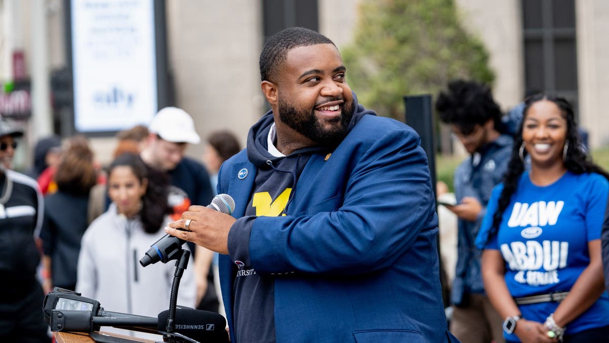 State Rep. Donavan McKinney speaks at a news conference in Detroit.