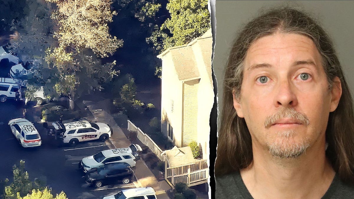 Police stand armed outside Jonathan D. Miller’s apartment. Miller's mugshot.