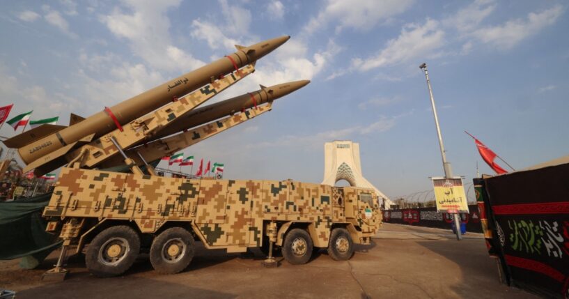 Iranian-produced Zolfaghar missiles stand in Azadi Square in Tehran on Aug. 2, 2026.