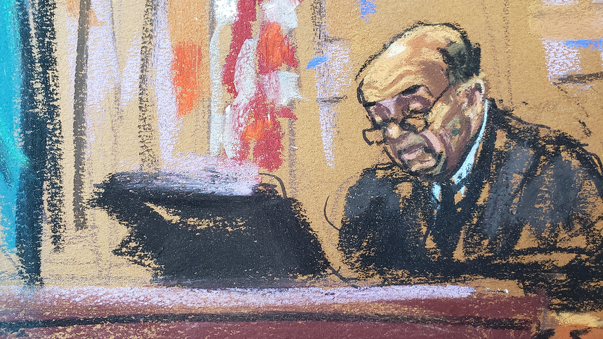 A courtroom sketch showing Judge Hellerstein on the bench