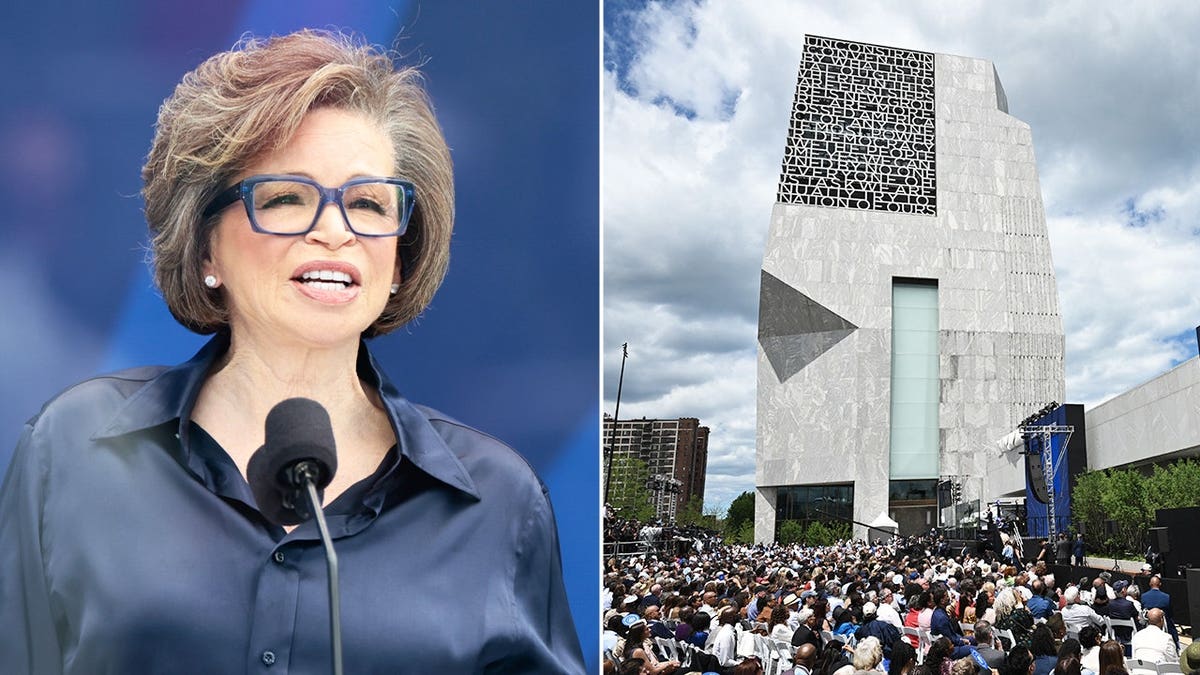Split image of Obama Foundation CEO Valerie Jarrett speaking at a podium and the Obama Presidential Center building with crowds gathered outside in Chicago.