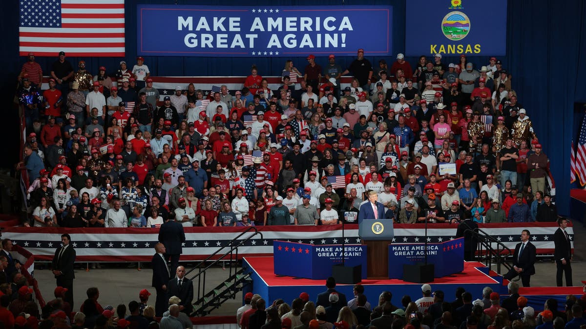 Donald Trump speaks at a campaign rally in Park City, Kansas.