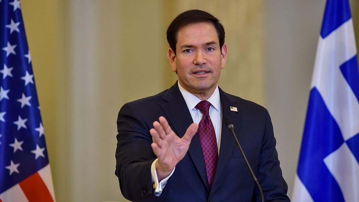 Secretary of State Marco Rubio speaks to media during a meeting with Greek Foreign Minister Giorgos Gerapetritis in Athens.
