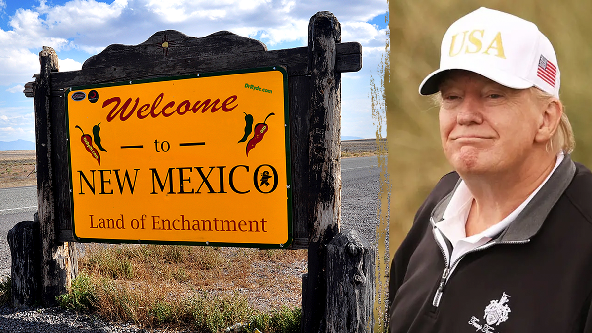Split image of President Donald Trump and a New Mexico state sign